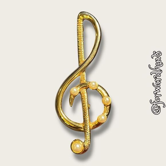 Vintage Gold Tone Treble Clef Brooch with Faux Pearls – 3” - Picture 1 of 7